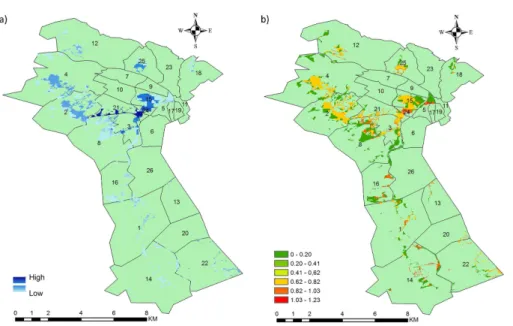 Figure 4. Spatial results for injuries in the baseline overnight flood scenario, (a) mean (b) coe ﬃ cient of variation.