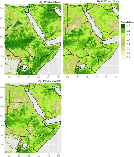 Fig. 5. Temporal cross-correlation of rescaled soil moisture anomalies for January 2007–June 2010 computed between (A) LPRM and Noah, (B) ALEXI and Noah, and (C) ALEXI and LPRM.