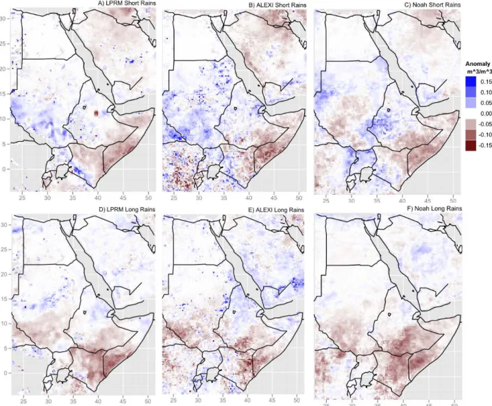 Fig. 4. Seasonal anomalies averaged over the 2010 short rains (A–C) and 2011 long rains (D–F) for LPRM (A, D), ALEXI (B, E) and Noah (C, F)