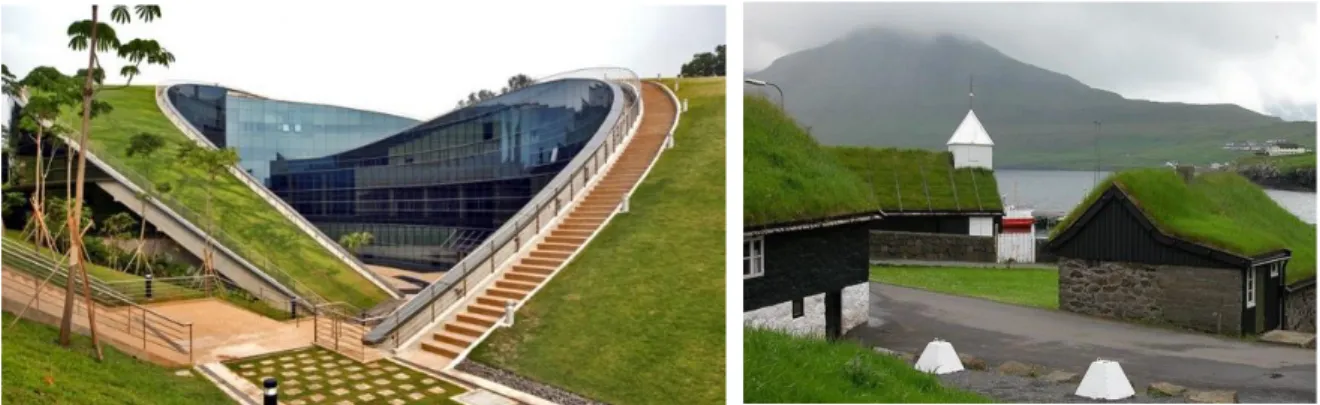 Figura 6 – Exemplo coberturas ajardinadas: Edificio da Escola de artes Design e Media da NanYoung Technological  University em Singapora (à esquerda); Habitações em Norðragøta, Faroe Islands (à direita) (Neoturf 2015) 