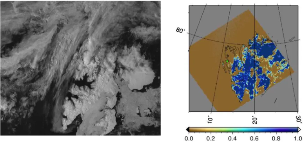 Fig. 5. The example of discussed cloud screening method: (a) the initial AATSR scene, 3 May 2006, Spitsbergen, 550 nm; (b) the probability of clear atmosphere over snow – the result of the cloud screening over snow routine.