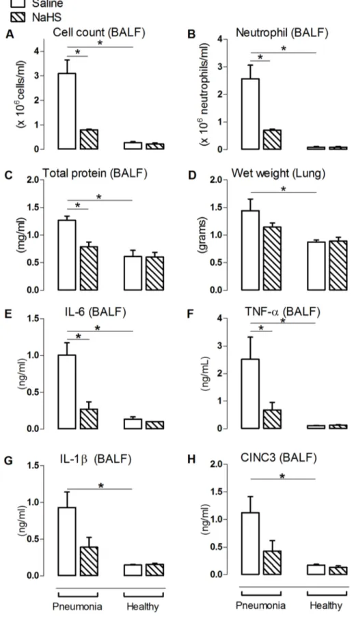 Figure 1. NaHS reduced lung injury parameters in pneumosepsis. The number of cells (A), neutrophil influx (B), total protein (C), interleukin (IL)–6 (E), TNF–a (F), IL–1b (G) and CINC3 (H) in animals infected with S