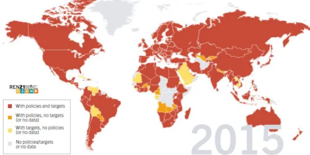 Fig. 35 - Países com políticas e estratégias sobre as energias renováveis, no início de 2015 (REN 21 2015)