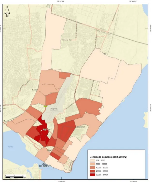 Figura 2.16 – Densidade populacional nos trinta e seis bairros estudados no Município do  Maputo