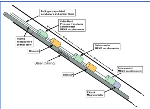 Figure 7. Schematic diagram of the instrumentation deployed in the SAFOD observatory  above the location of the HI repeating earthquake sequence (see Fig