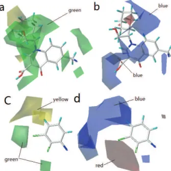 Fig. 3. 3D contour of Topomer CoMFA model: a) steric field map of Ra; b) electrostatic field  map of Ra; c) steric field map of Rb; d) electrostatic field map of Rb (green and yellow 