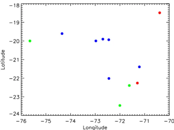Fig. 1. Geographical positions of the BAe-146 profiles used to com- com-pare to MODIS retrievals
