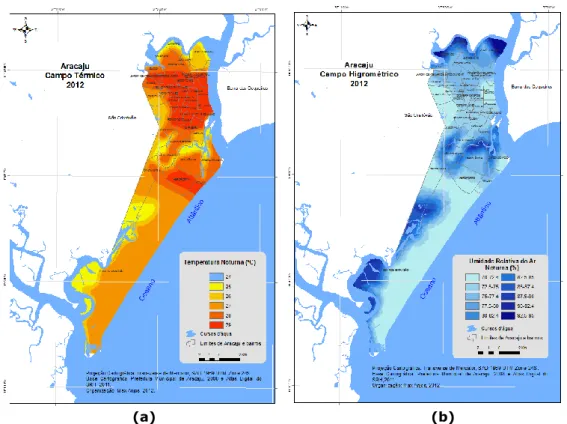 Figura 12: Campo térmico noturno (a) e campo higrométrico noturno (b) no dia 28/02/2012