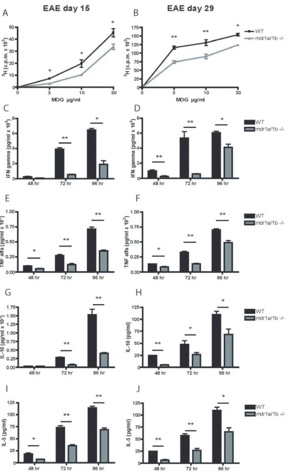 Figure 3. Impaired Th1 and Th2 response in Mdr1a/1b2/2 mice during EAE. T cell proliferation in lymph node cells isolated from wild-type (WT) and Mdr1a/1b2/2 mice was assessed upon re-stimulation with different concentrations of rMOG (1–125) on day 15 (A) 