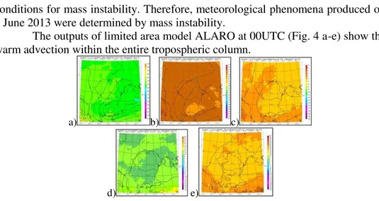 Fig. 4.  Forecasted fields for 8 June 2013, 09 UTC,  of temperature (shaded) and  geopotential (thick lines) by ALARO model (run started at 00 UTC) for pressure levels: 