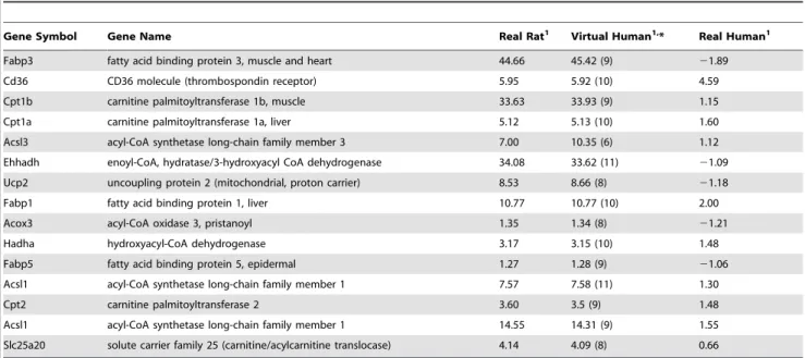 Table 2. Fold change data for PPAR alpha pathway genes for real rat, virtual human and real human.