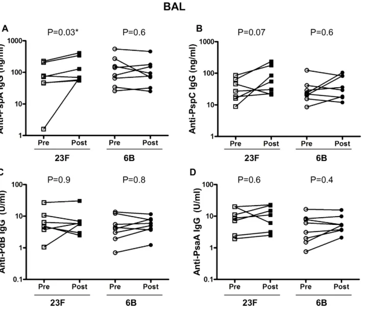 Figure 5. Bronchoalveolar lavage IgG response to pneumococcal antigens. ELISAs were performed using pneumococcal antigens PspA (A), PspC (B), PdB (C) and PsaA (D) to determine specific IgG in subjects pre and post 23F (n = 7) or 6B (n = 8) pneumococcal cha