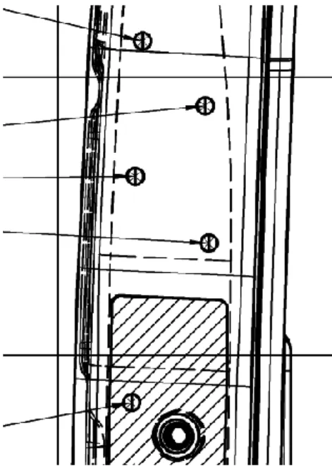 Figura 2.4 - Pontos de soldadura na zona lateral do conjunto que tem o furo roscado na zona com adesivo  (K3) 