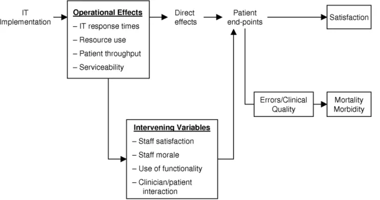 Figure 1. Causal chain showing levels where IT may impact. The potential impact of IT at different levels in a health care organisation