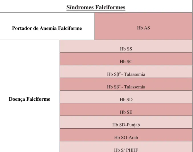 Tabela 3 - Tipos de síndromes falciformes. Adaptado de (19,36). 
