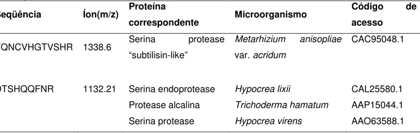 Tabela 5. Seqüências dos fragmentos trípticos da protease alcalina purificada (TALP) determinadas  por seqüenciamento “de novo”