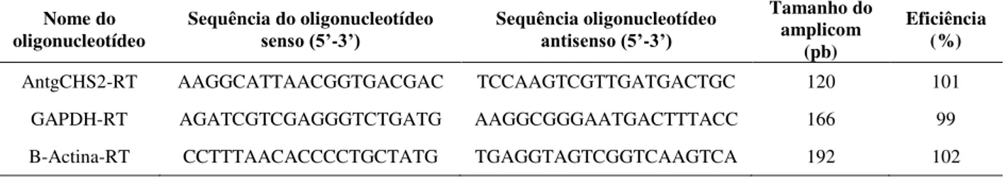 Tabela II-II – Oligonucleotídeos utilizados nas reações de PCR em tempo real para análise de AntgCHS2 
