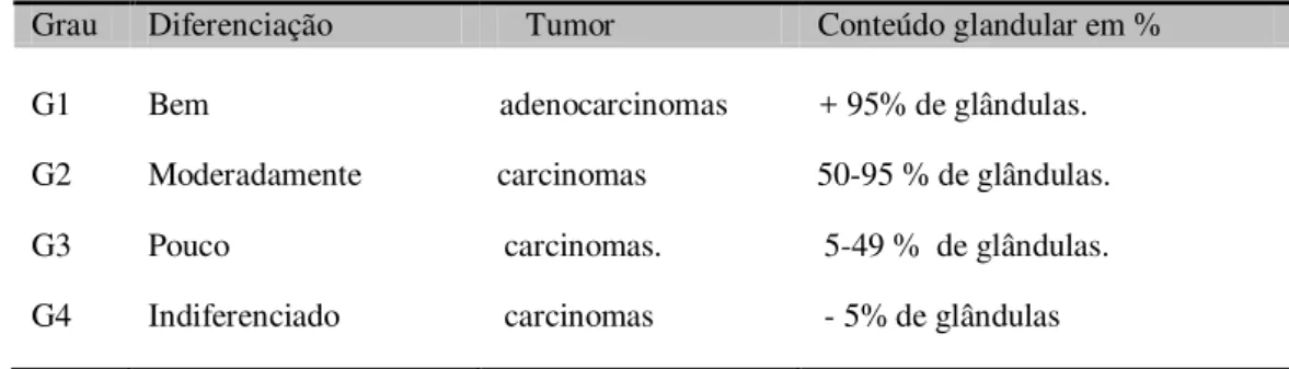Tabela 2: Grau Histológico descritivo de diferenciação e conteúdo glandular dos CaVB. 