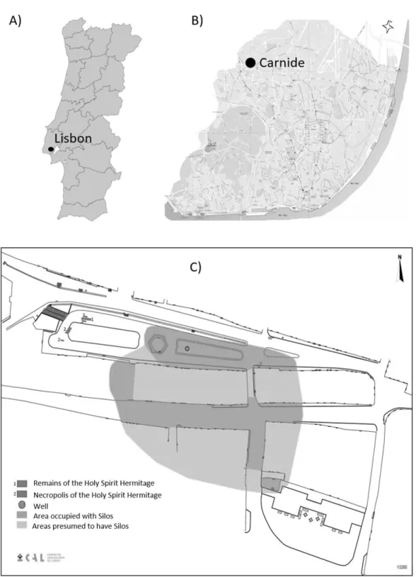 Figure 1 – Location of the site. A) Map of Portugal with the location of the Lisbon city  council; B) Map of Lisbon showing the location of the archaeological site at Carnide