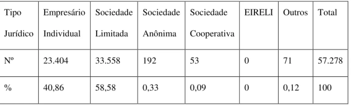Tabela 4 - Constituição por Tipo Jurídico  –  Minas Gerais  –  2011.  Tipo   Jurídico  Empresário Individual  Sociedade Limitada  Sociedade Anônima  Sociedade  Cooperativa 