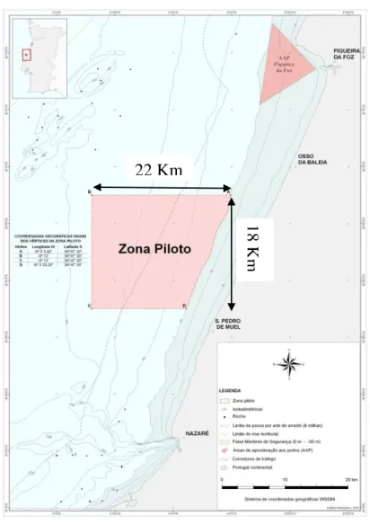 Fig. 2.1  Representação da zona piloto ao largo da costa portuguesa. 