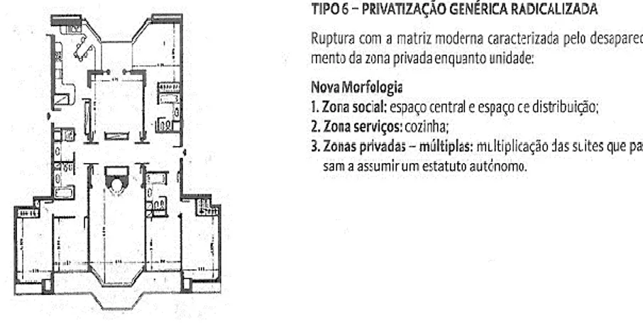 Figura 27 – Habitação  Tipo 6, Privatização  Genérica Radicalizada.  Tipologia de “estruturas  morfológico-sociais” dos  apartamentos localizados  em Lisboa e publicados  entre 1973 e 1999 no  Expresso