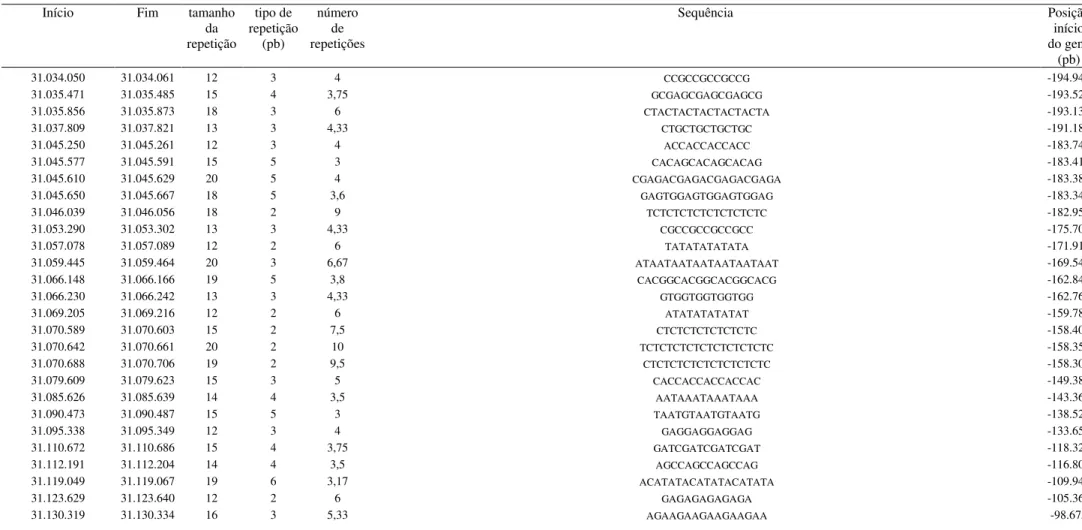 Tabela 4 – Descrição do gene “Oryza sativa soluble starch synthase II-2” e dos locos de sequência microssatélite identificados na região de 200.000 pb acima e abaixo do  gene