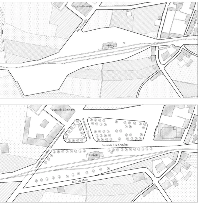 Figure 4. Configuration of the surrounding area to the station in the years of 1910 and 1950 Of those interventions, the one that stands out due to the urban design of the railway line was the  intervention in the new Station Avenue that unites the buildin
