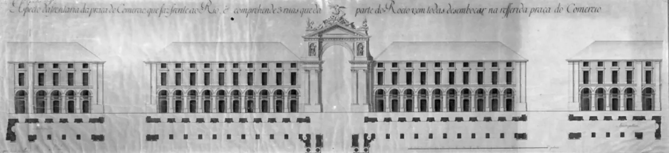 Figure 3. North façade of the square with the presence of the Triumphal Arch, attributed to Eugénio  dos Santos de Carvalho  [12] 