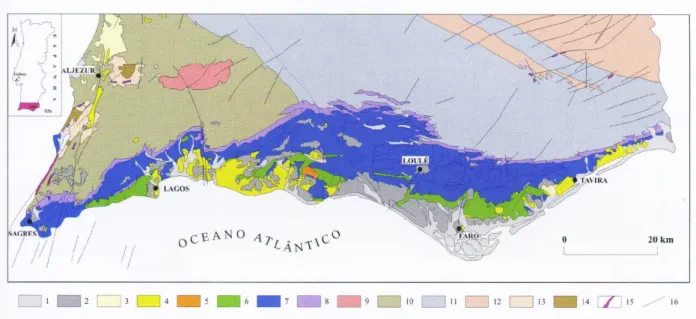 Figura 5 – Mapa geológico da Bacia Algarvia. 1. Holocénico; 2. Plistocénico; 3. Pliocénico; 4