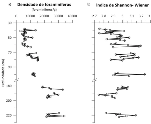 Figura 11 – Variação da densidade de foraminíferos (a) e do índice de diversidade de Shannon-Wiener (b) em função  da profundidade