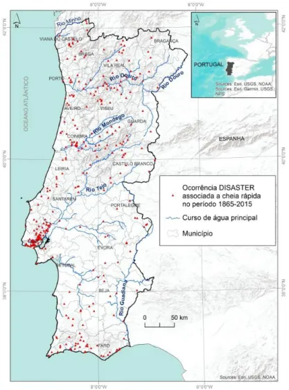 Figura 1. Ocorrências de cheias rápidas em Portugal continental, segundo a base de dados  DISASTER (1865-2015)