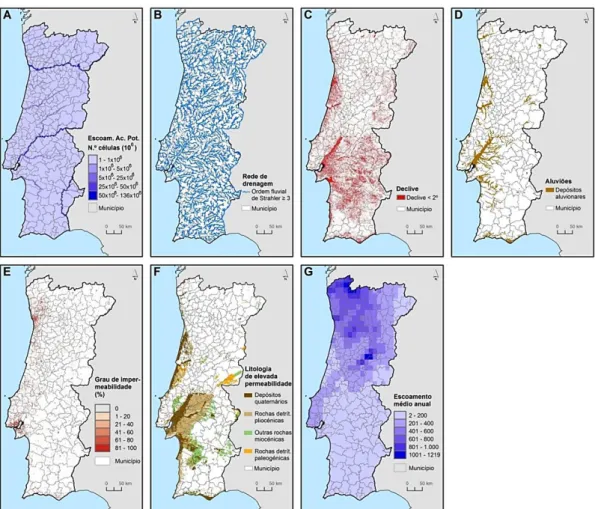 Figura 2. Fatores condicionantes seleccionados para a avaliação da suscetibilidade a cheias rápidas  em Portugal continental: a) escoamento acumulado potencial; b) rede de drenagem; c) declive &lt;2°; 