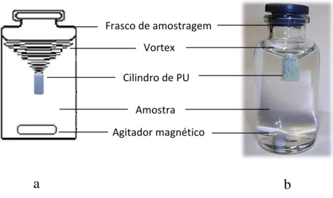 Figura 2.2 - Representação esquemática (a) e em  imagem (b) de PUμE durante o processo de  micro-extração.