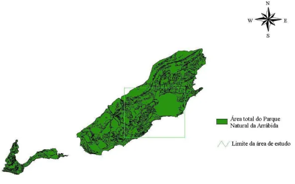 Figura  2  –  Área  total  do  Parque  Natural  da  Arrábida  e  indicação  dos  limites  da  área  de  estudo (quadrado verde) à escala de 1:10000 (adaptação do mapa fornecido pelo PNA)