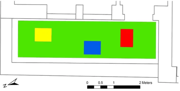 Fig. 14. Location of the surveyed areas on the balcony. In green 800 MHz survey, in yellow, blue and red, 1.6 GHz surveys (color correspond to Fig