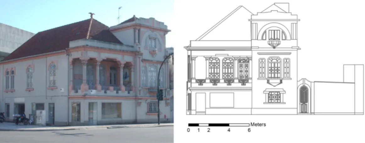 Fig. 1. The “InovaDomus house”, an early 20th century Art Deco building. Façade drawing derived from a global “as-is” model obtained using terrestrial laser scanning.