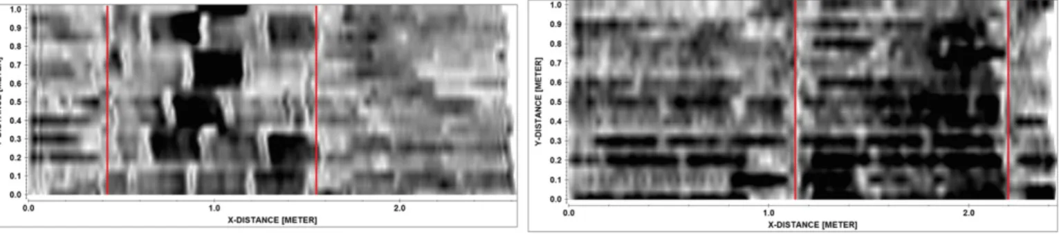 Fig. 13. GPR data over the balcony: on top time slices, 3.026 ns (−0.21 m) acquired using an 800 MHz antenna, on the bottom the amplitude isosurface data (1.6 GHz).