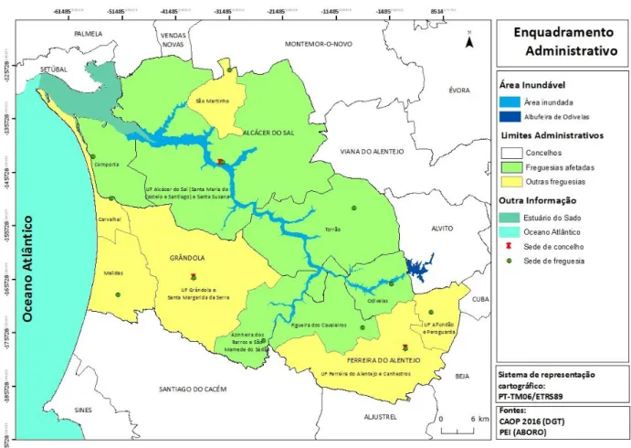 Figura 5 – Enquadramento Administrativo da barragem de Odivelas e respetiva área de inundação