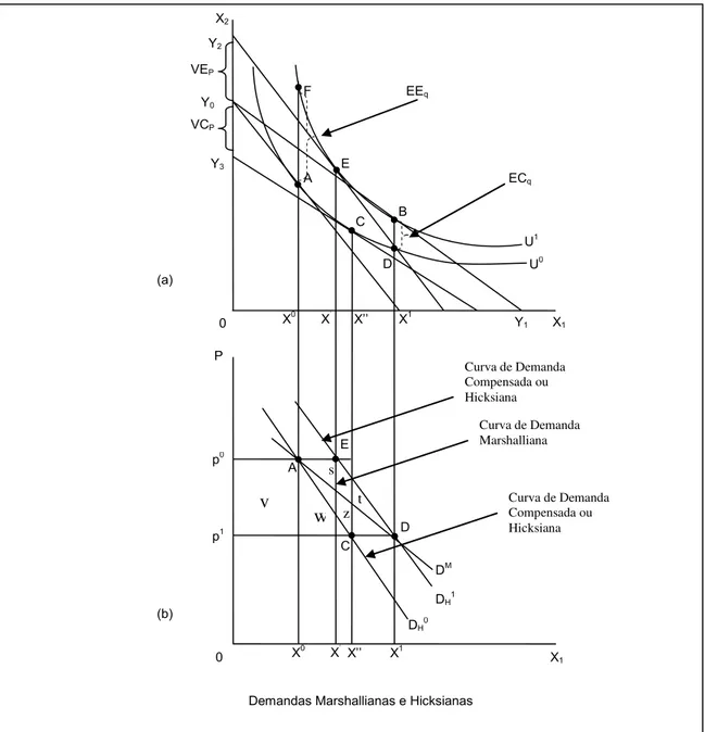 Gráfico 5 – Curva de demanda compensadas e excedente do consumidor hicksiano  Fonte: Adaptado a partir de Motta (1998) 