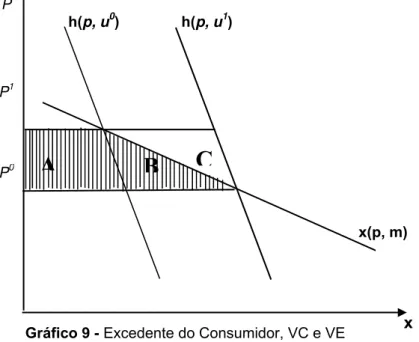 Gráfico 9 - Excedente do Consumidor, VC e VE  Fonte: Adaptado de Varian (1992) 