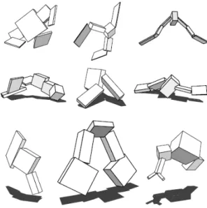 Figure 2.1: From top to bottom: Creatures evolved to swim; Creatures evolved to walk; Creatures evolved to jump(extracted from Sims (1994))