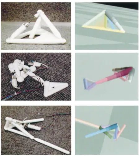 Figure 2.2: The solutions evolved by Lipson and Pollack (right), and their real life prototypes (left).(extracted from (Lipson and Pollack, 2000))