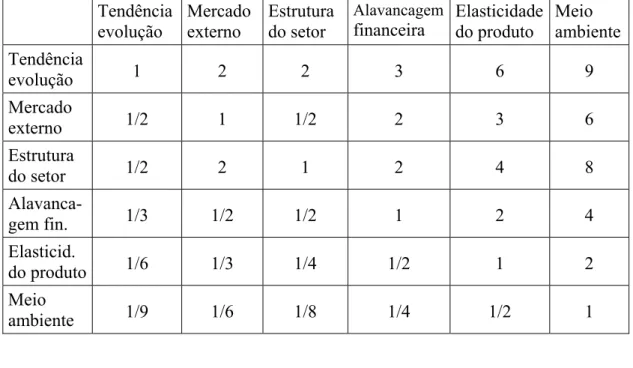 Tabela 2 – Comparação paritária entre fatores de risco.   Tendência  evolução  Mercado externo  Estrutura do setor  Alavancagemfinanceira  Elasticidade do produto  Meio  ambiente Tendência  evolução  1 2 2  3  6  9  Mercado  externo  1/2 1 1/2  2  3  6  Es