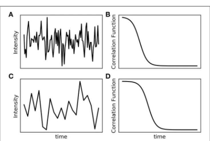 FIGURE 2 | Dynamic light scattering intensity signal and correlation function for small (A,B) and large particles (C,D)