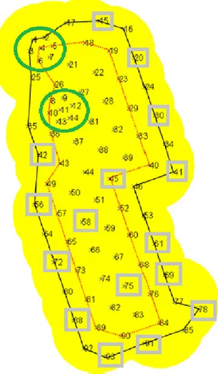 Figure 1.4: Hydrophone camp with the 93 hydrophones (numbered), featuring the “convex hull” area (yellow), the Edge hydrophones (black line), non-Edge hydrophones (red line and inside red line), Whiskey hydrophones (circled green), and Bidirectional hydrop