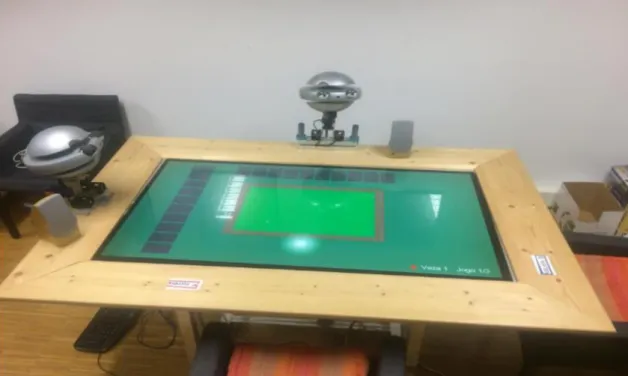 Fig. 1: Multi-touch screen table used to play Sueca and robots in position to play. 