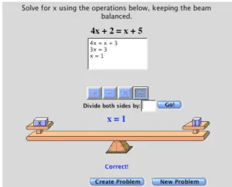 figura 2 abaixo, o applet permite visualizar a sequência de equações equivalentes que  se  vão  obtendo  após  cada  manipulação  da  balança  (na  caixa  retangular  mais  clara  que se encontra sob a equação inicial), o que oferece aos alunos a possibili