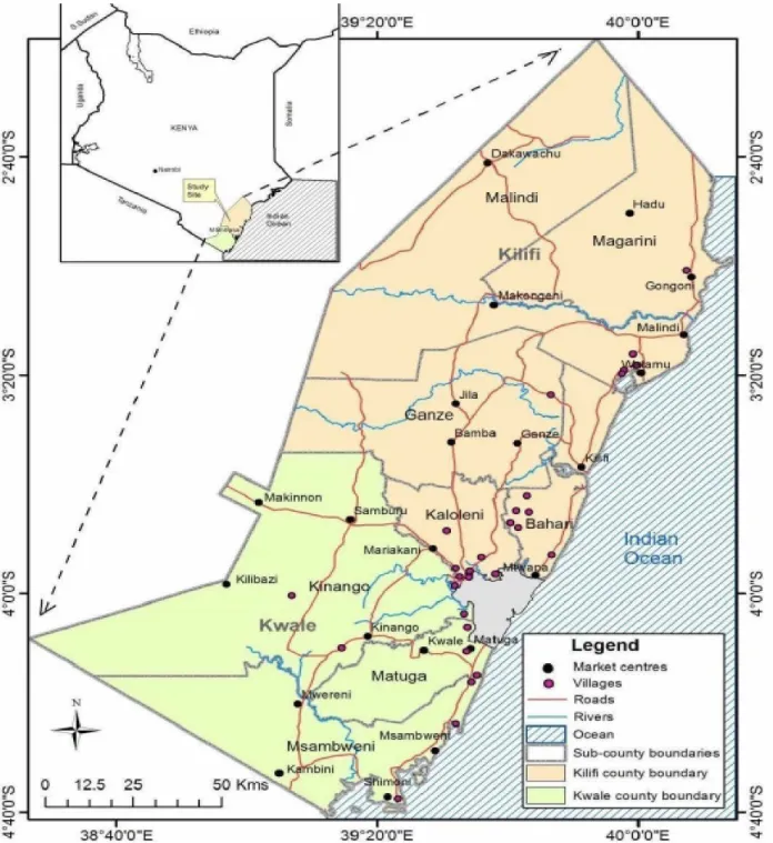Figure 3.1: Location of the study sites in Kwale and Kilifi Counties, Kenya  Source: (Wekesa et al., 2015) 