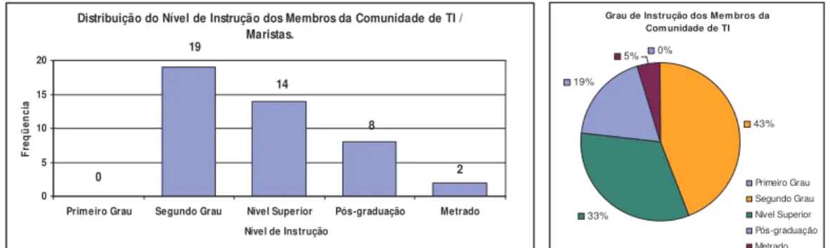 Figura 19: Nível de instrução dos Membros da Comunidade TI Marista. Distribuição de freqüência e gráfico de  setores [Questão 3]